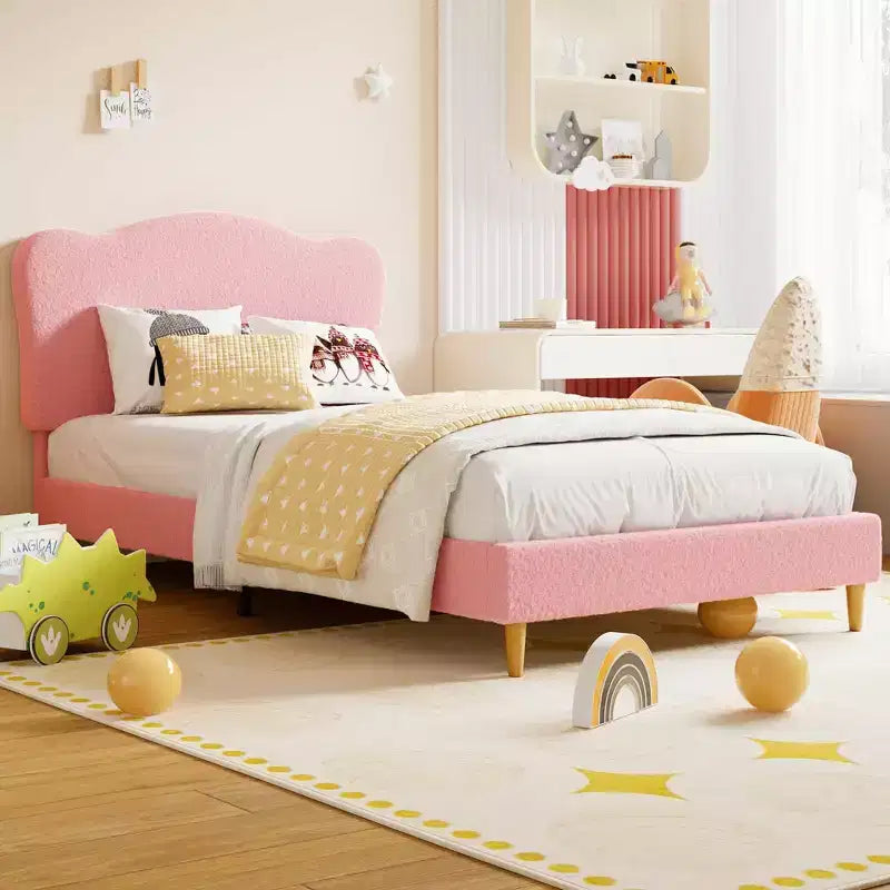 Testiera a conchiglia beige/rosa per letto singolo, rivestimento in velluto, 1 persona, nessun bisogno di rete a doghe