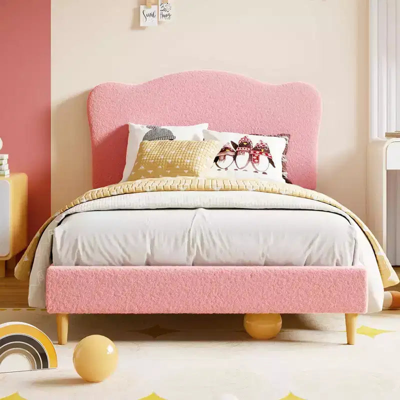 Testiera a conchiglia beige/rosa per letto singolo, rivestimento in velluto, 1 persona, nessun bisogno di rete a doghe