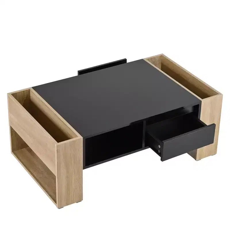 Tavolino rettangolare nero e naturale / bianco e naturale con 2 cassetti e ripiano portaoggetti, finitura lucida, per 1