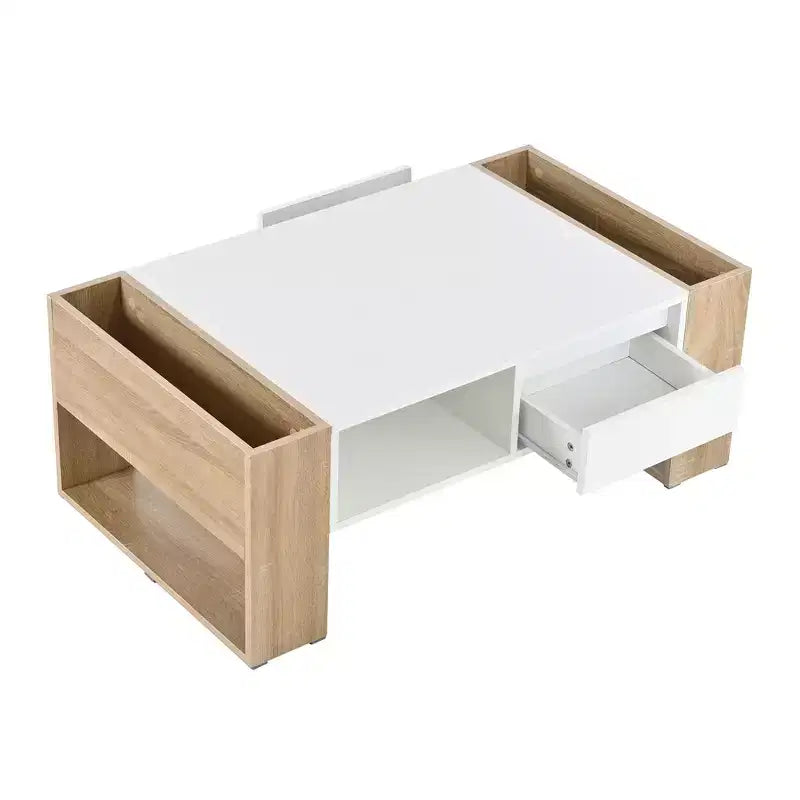 Tavolino rettangolare nero e naturale / bianco e naturale con 2 cassetti e ripiano portaoggetti, finitura lucida, per 1