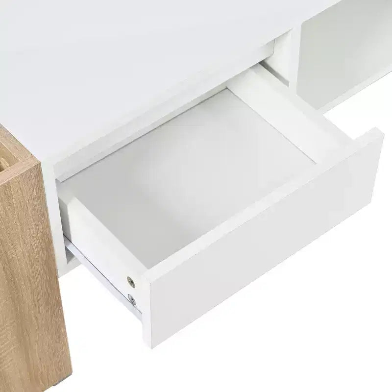 Tavolino rettangolare nero e naturale / bianco e naturale con 2 cassetti e ripiano portaoggetti, finitura lucida, per 1