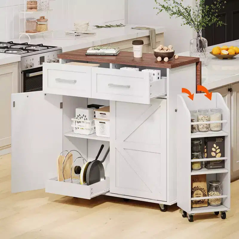 Isola da Cucina Bianca in Stile Rustico con Anta a Ribalta e Contenitore, 2 Cassetti, per Uso Domestico