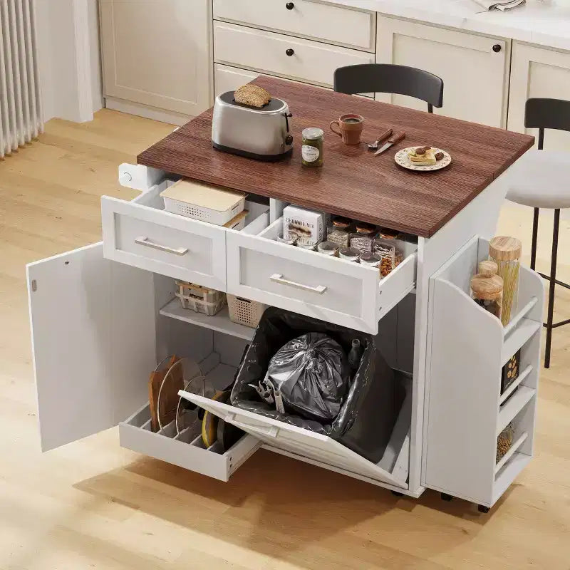 Isola da Cucina Bianca in Stile Rustico con Anta a Ribalta e Contenitore, 2 Cassetti, per Uso Domestico