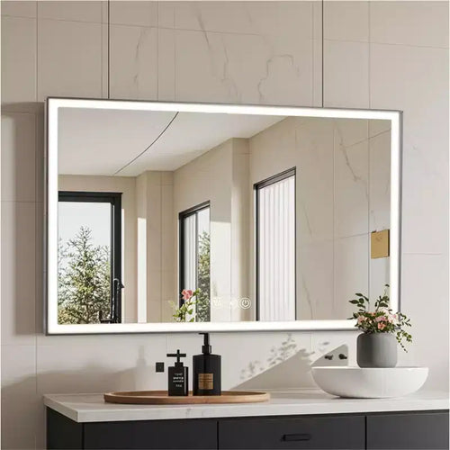 48 x 32 inch 3 Colors LED Aluminum Framed Bathroom Vanity Mirror with 45Beveled Angle Beveled Lights Anti-fog