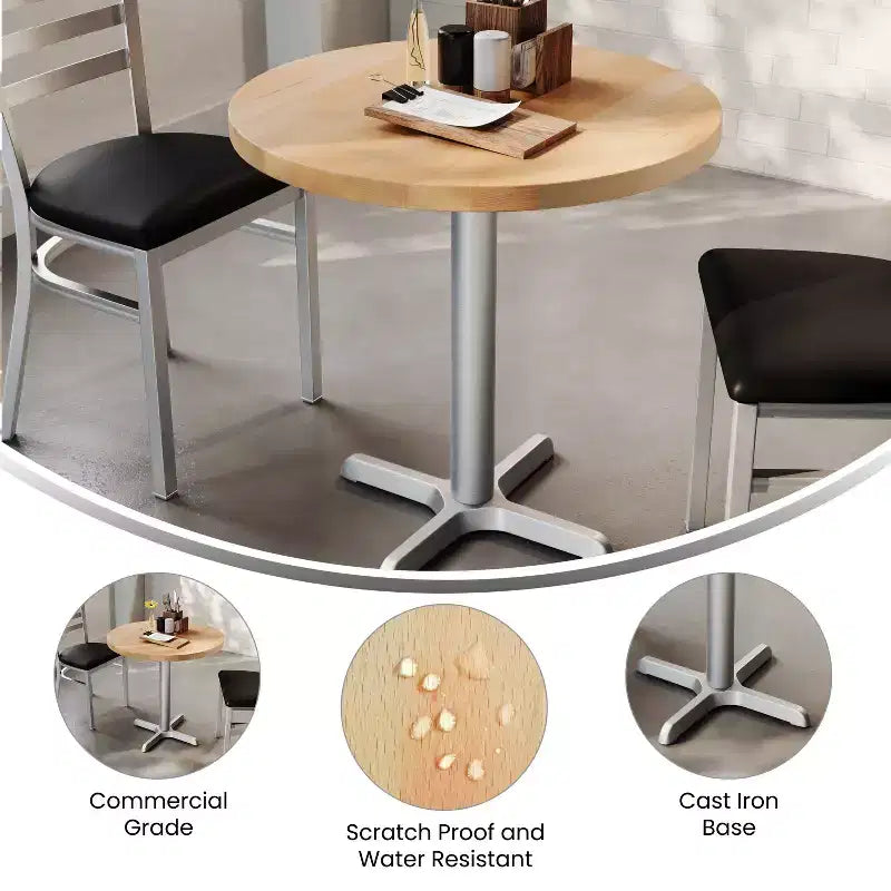 Tavolo da pranzo rotondo in legno massello con base a X in ghisa, multicolore, 3 posti
