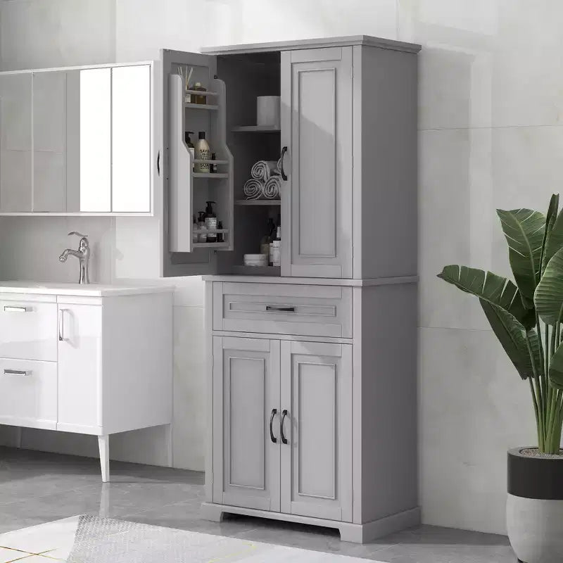 Mobile Contenitore Alto a Colonna Indipendente con 4 Ante e Cassetto, Nero/Grigio/Bianco, Singolo