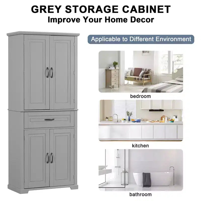 Mobile Contenitore Alto a Colonna Indipendente con 4 Ante e Cassetto, Nero/Grigio/Bianco, Singolo
