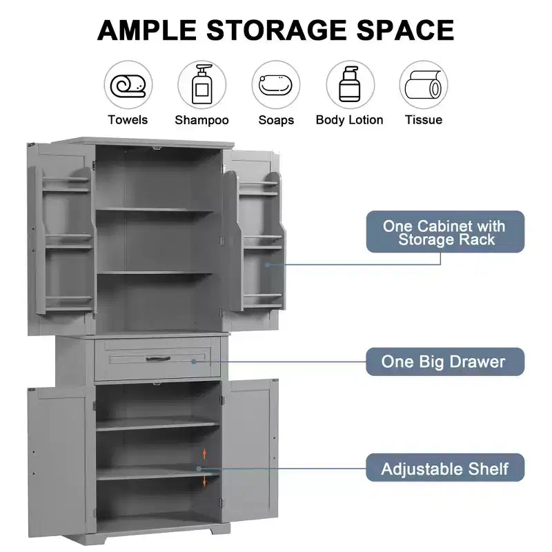 Mobile Contenitore Alto a Colonna Indipendente con 4 Ante e Cassetto, Nero/Grigio/Bianco, Singolo