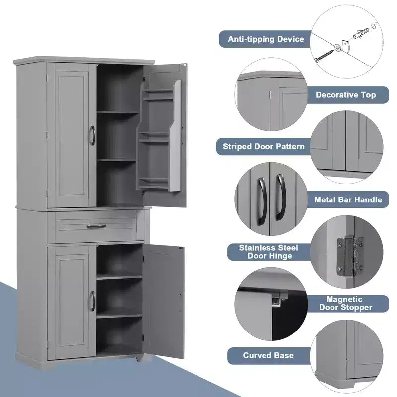 Mobile Contenitore Alto a Colonna Indipendente con 4 Ante e Cassetto, Nero/Grigio/Bianco, Singolo