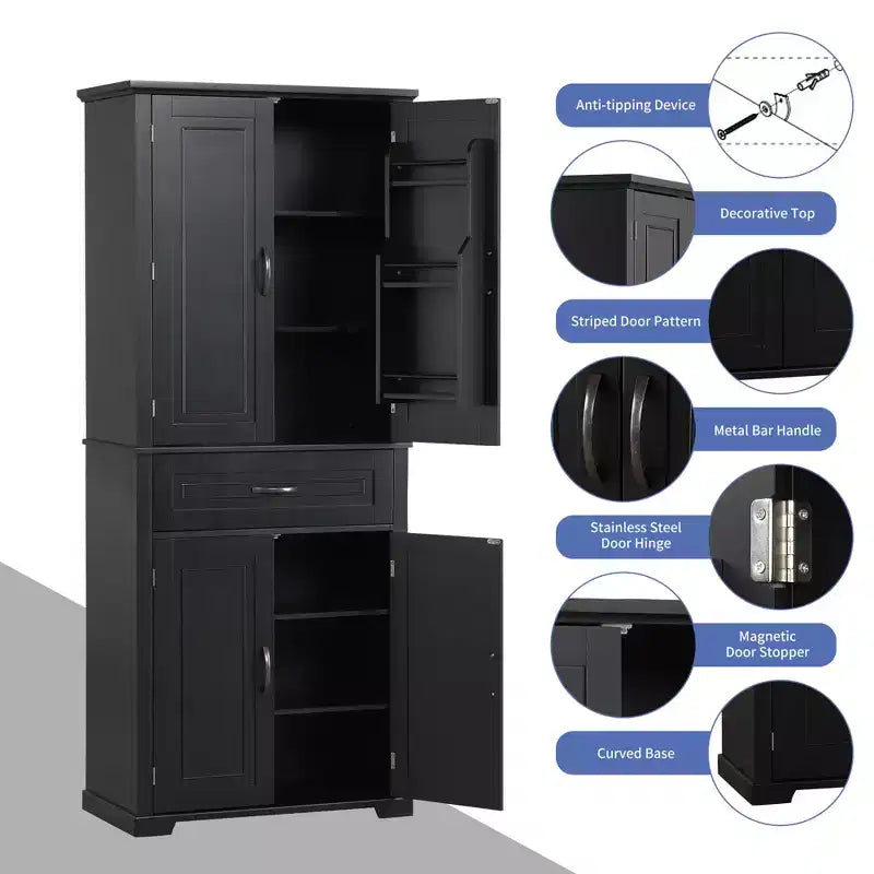 Mobile Contenitore Alto a Colonna Indipendente con 4 Ante e Cassetto, Nero/Grigio/Bianco, Singolo