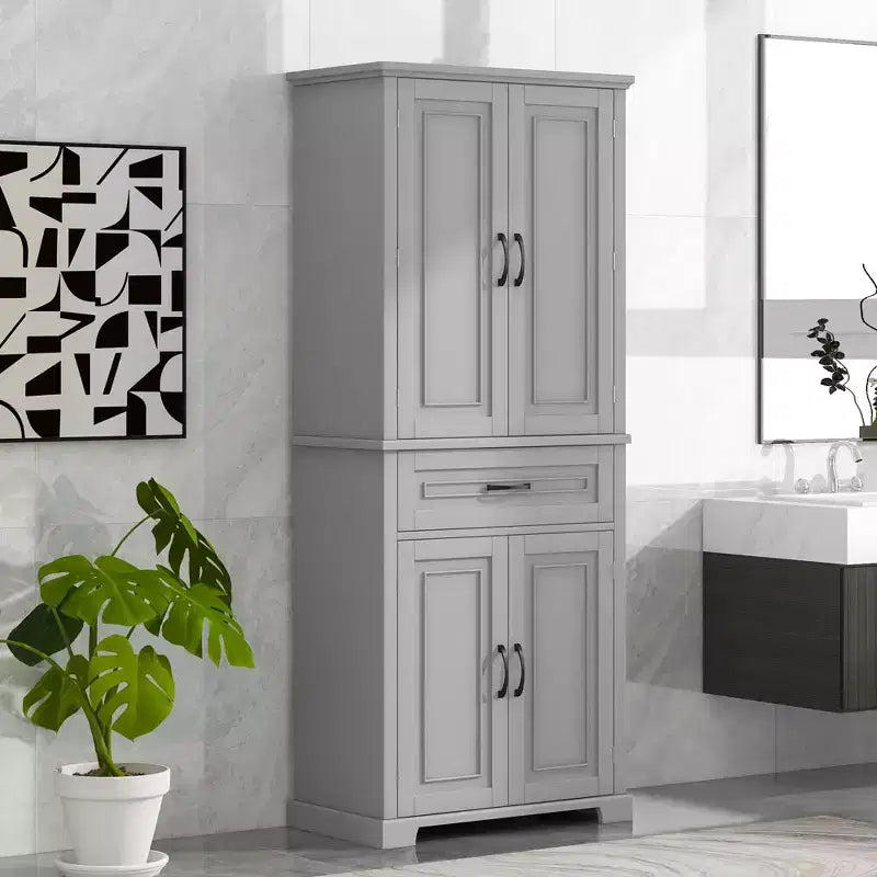 Mobile Contenitore Alto a Colonna Indipendente con 4 Ante e Cassetto, Nero/Grigio/Bianco, Singolo