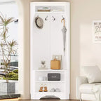 Okak Minimalist Corner Hall Tree with Adjustable Shelf, Coat Tree with Shoe Bench and 4 Hooks, Versatile Coat Rack for Living Room, Entryway, White