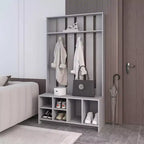 Okak Minimalism Hall Tree with 4 Hooks, Freestanding Coat Rack with Shoe Storage Bench and Top Shelves, Storage Rack for Living Room, Hallway, Smoke