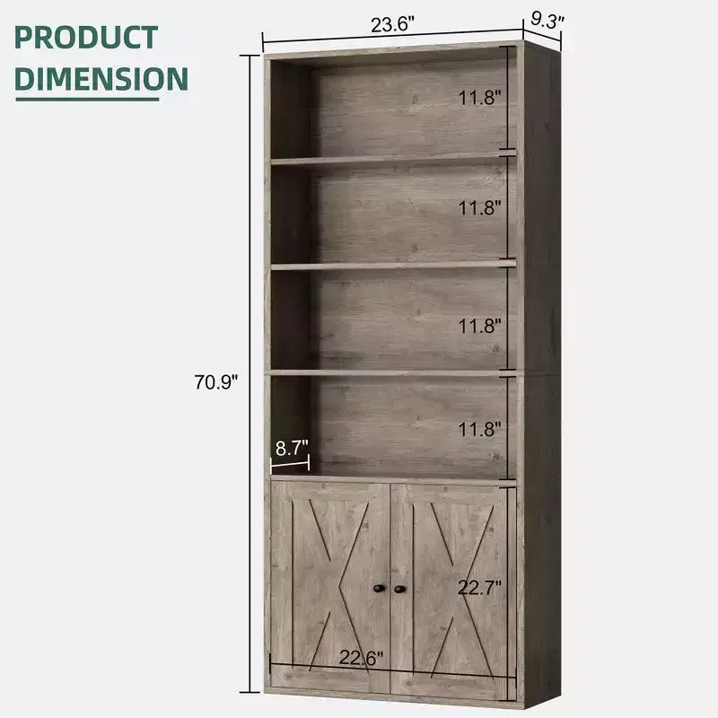 Libreria industriale a 6 ripiani con ante, nero/grigio/bianco, alta 180 cm, da terra, singola