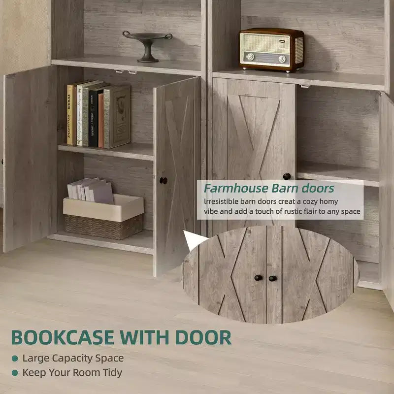 Libreria industriale a 6 ripiani con ante, nero/grigio/bianco, alta 180 cm, da terra, singola