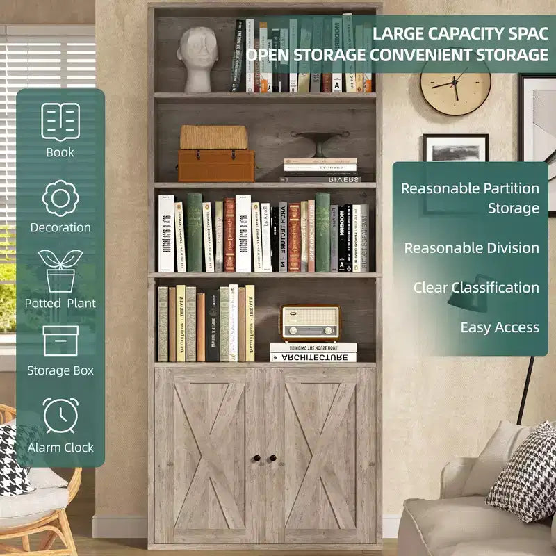 Libreria industriale a 6 ripiani con ante, nero/grigio/bianco, alta 180 cm, da terra, singola
