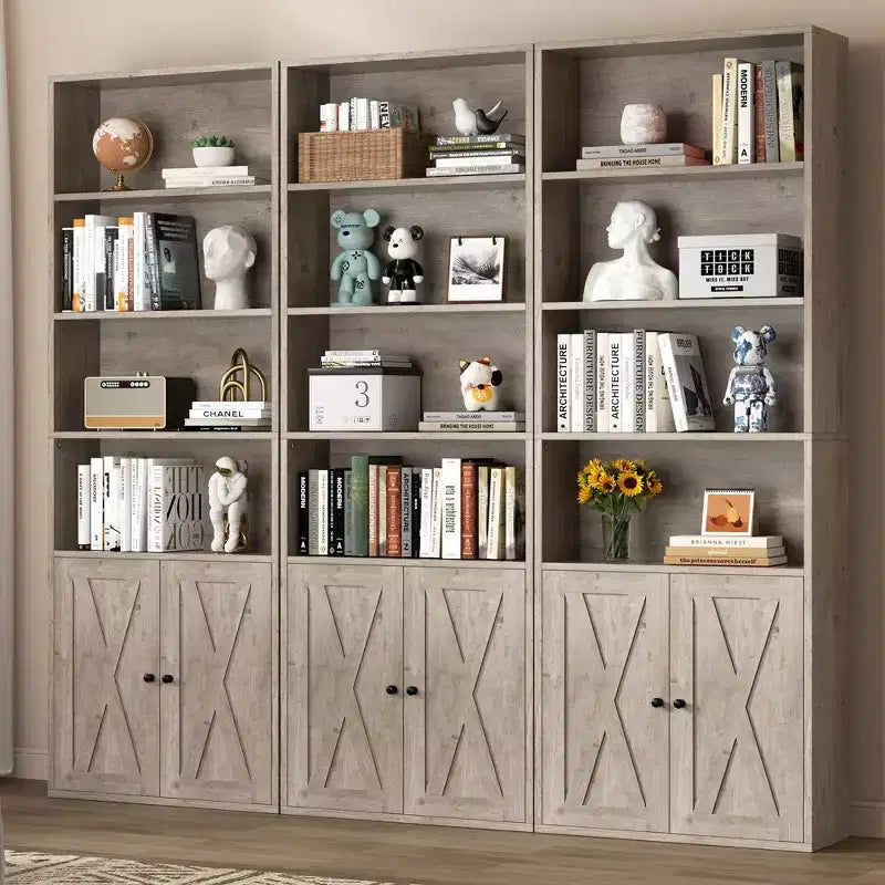 Libreria industriale a 6 ripiani con ante, nero/grigio/bianco, alta 180 cm, da terra, singola