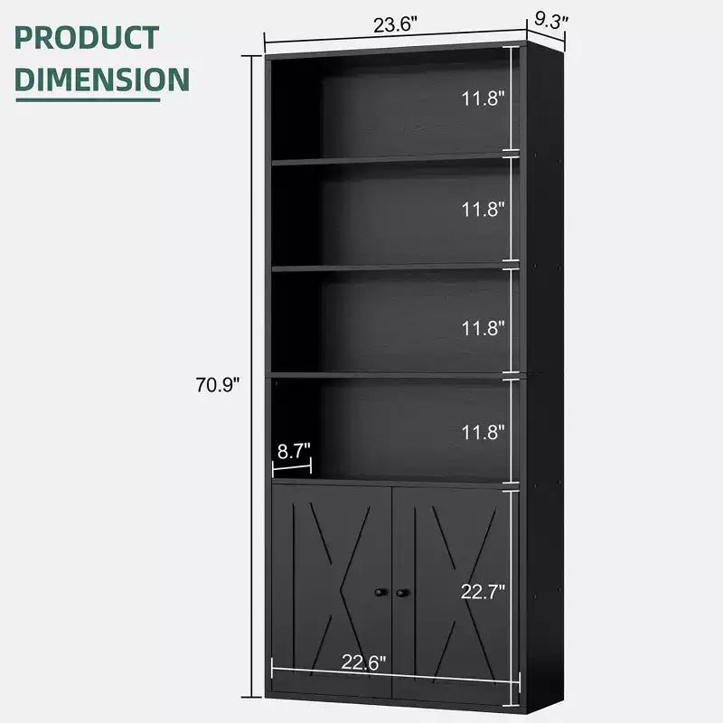 Libreria industriale a 6 ripiani con ante, nero/grigio/bianco, alta 180 cm, da terra, singola