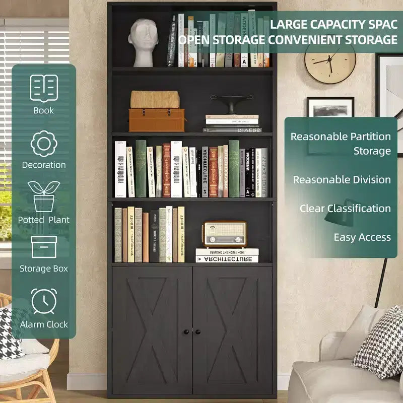 Libreria industriale a 6 ripiani con ante, nero/grigio/bianco, alta 180 cm, da terra, singola