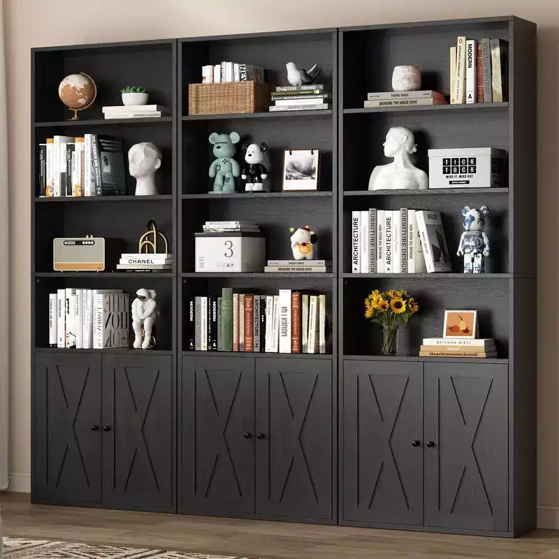 Libreria industriale a 6 ripiani con ante, nero/grigio/bianco, alta 180 cm, da terra, singola