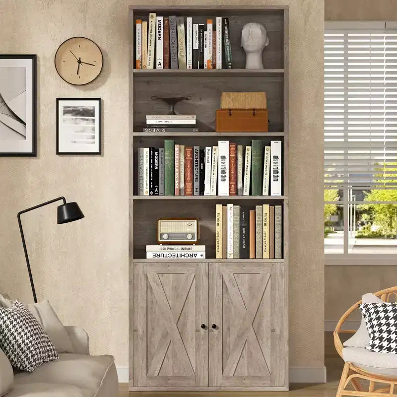 Libreria industriale a 6 ripiani con ante, nero/grigio/bianco, alta 180 cm, da terra, singola