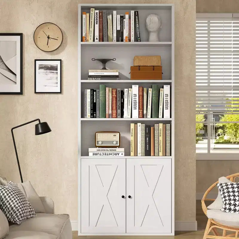 Libreria industriale a 6 ripiani con ante, nero/grigio/bianco, alta 180 cm, da terra, singola