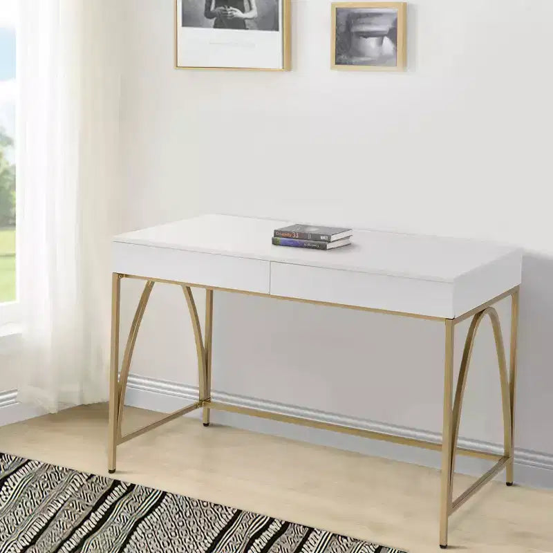 Royal Hampton Wooden Frame Desk with 2 Drawers and Metal Legs, White and Gold
