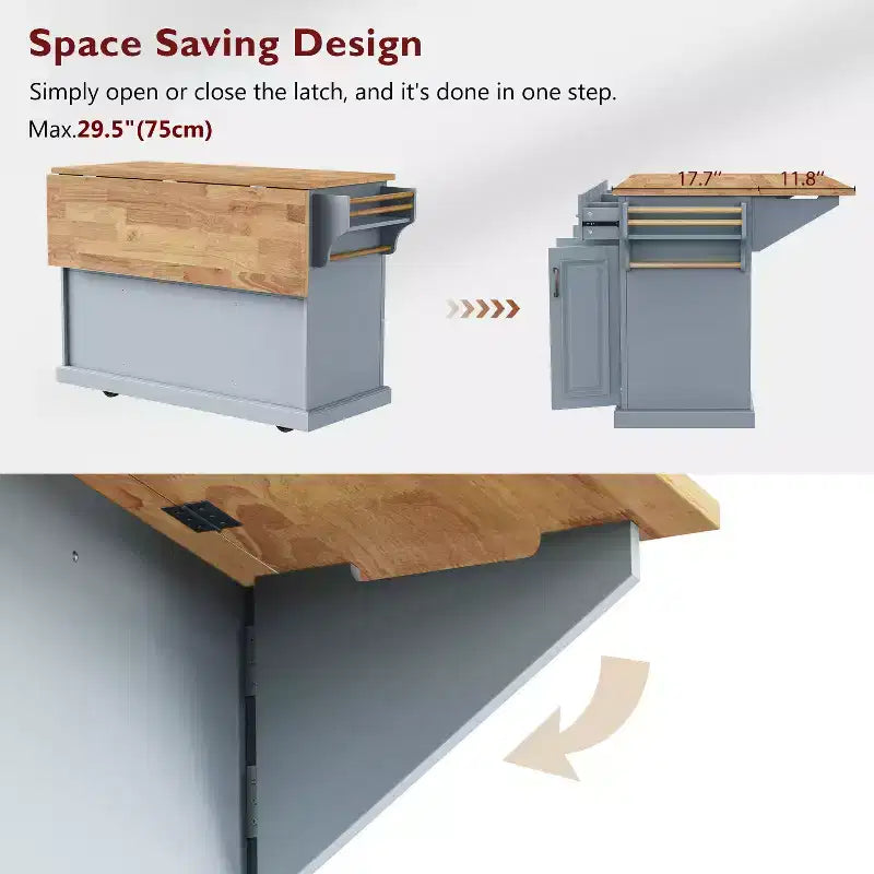 Carrello da cucina con isola pieghevole grigio+blu/bianco con 4 ruote, 3 cassetti e 2 ante