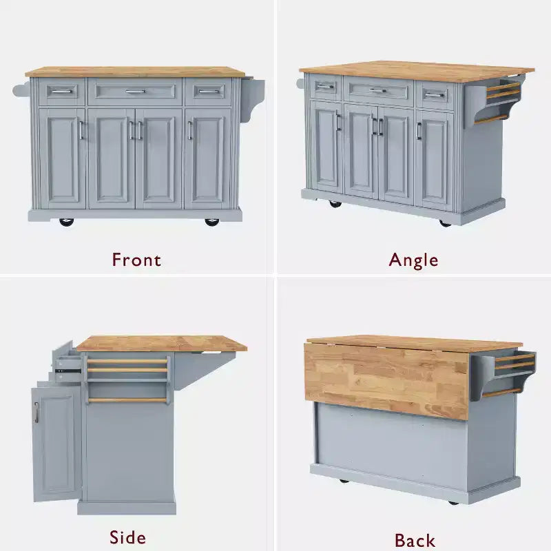 Carrello da cucina con isola pieghevole grigio+blu/bianco con 4 ruote, 3 cassetti e 2 ante