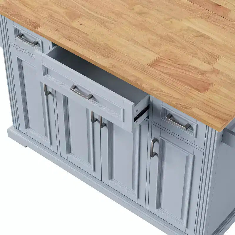 Carrello da cucina con isola pieghevole grigio+blu/bianco con 4 ruote, 3 cassetti e 2 ante
