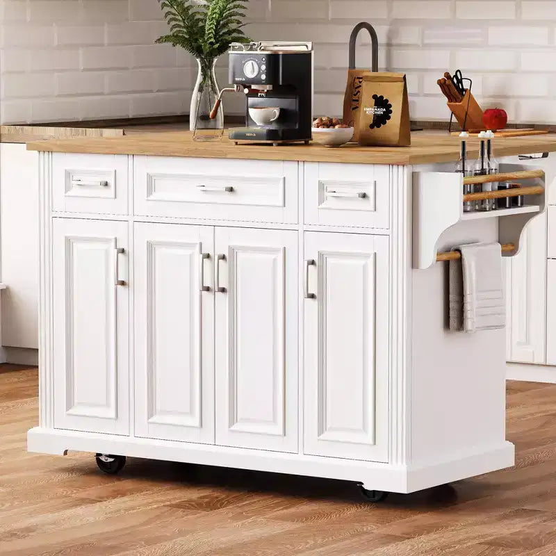 Carrello da cucina con isola pieghevole grigio+blu/bianco con 4 ruote, 3 cassetti e 2 ante