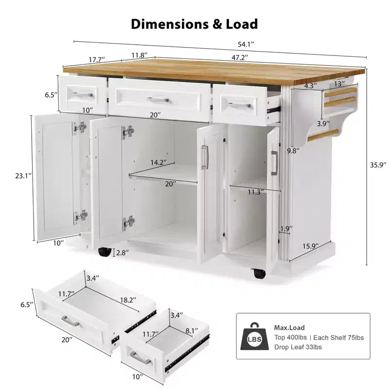Carrello da cucina con isola pieghevole grigio+blu/bianco con 4 ruote, 3 cassetti e 2 ante