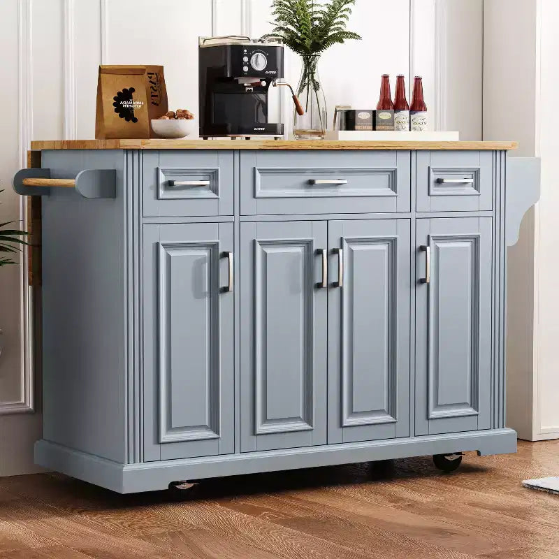 Carrello da cucina con isola pieghevole grigio+blu/bianco con 4 ruote, 3 cassetti e 2 ante