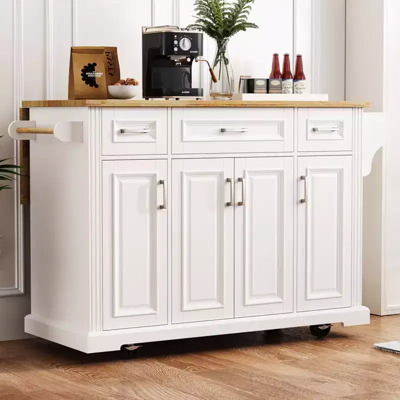 Carrello da cucina con isola pieghevole grigio+blu/bianco con 4 ruote, 3 cassetti e 2 ante