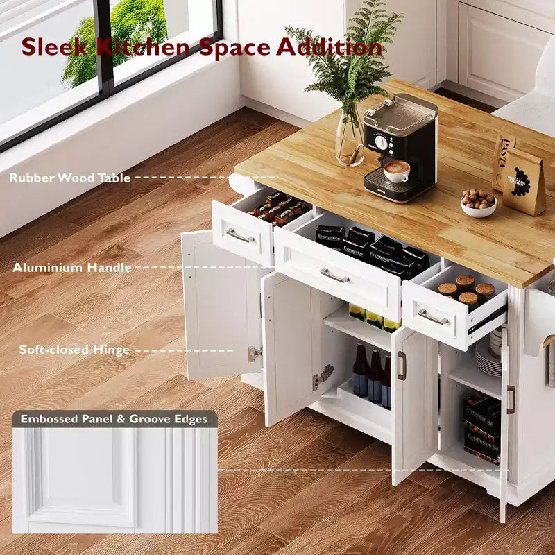 Carrello da cucina con isola pieghevole grigio+blu/bianco con 4 ruote, 3 cassetti e 2 ante