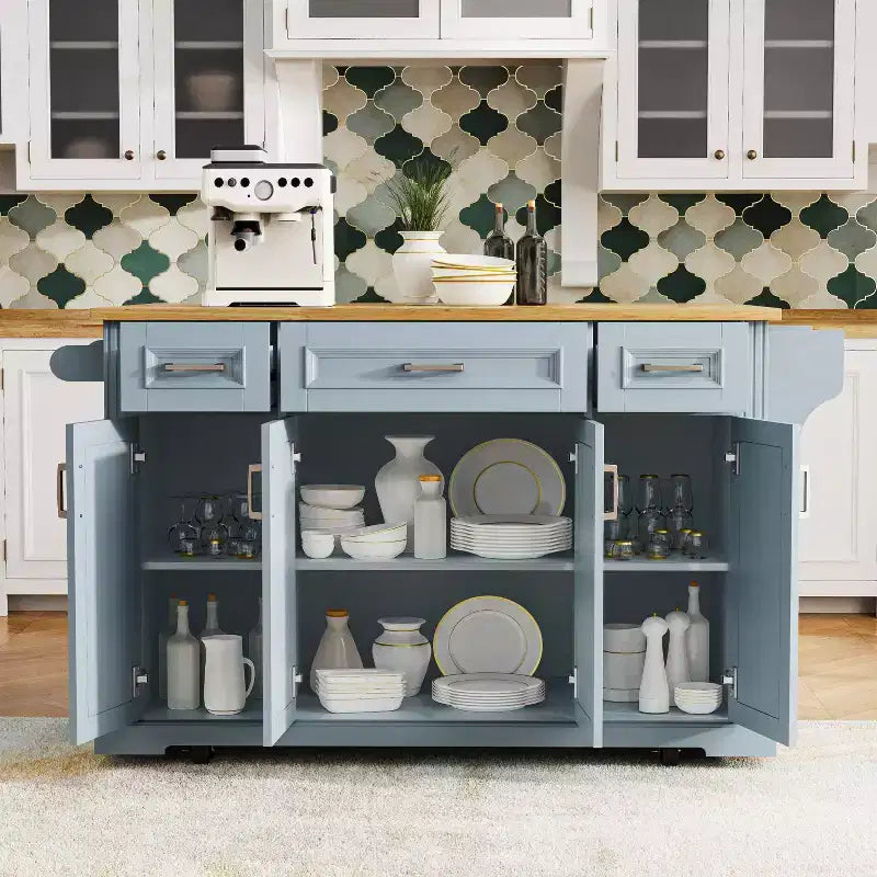 Carrello da cucina con isola pieghevole grigio+blu/bianco con 4 ruote, 3 cassetti e 2 ante