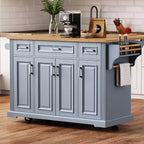 Carrello da cucina con isola pieghevole grigio+blu/bianco con 4 ruote, 3 cassetti e 2 ante