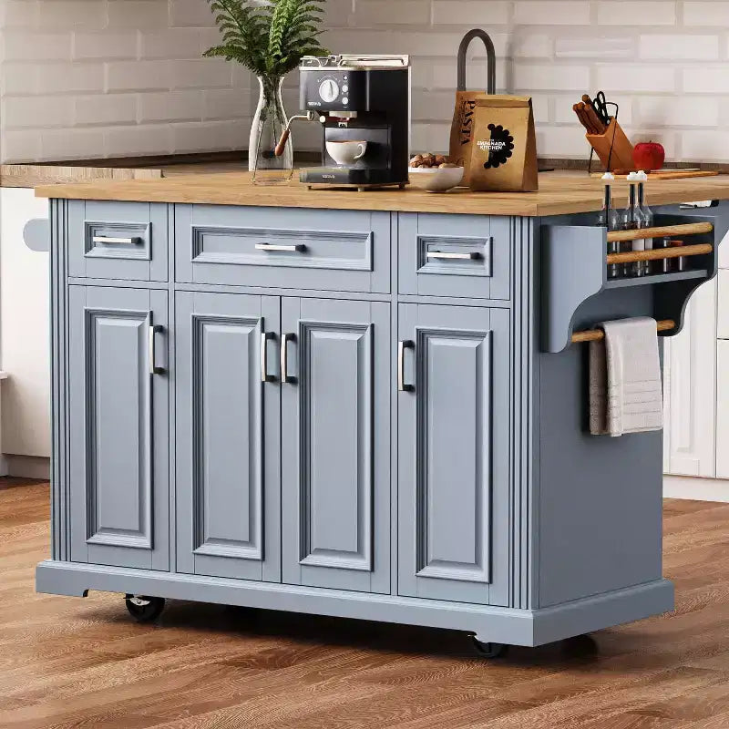 Carrello da cucina con isola pieghevole grigio+blu/bianco con 4 ruote, 3 cassetti e 2 ante