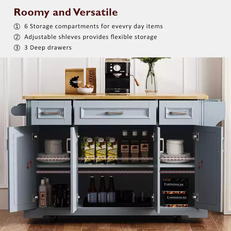 Carrello da cucina con isola pieghevole grigio+blu/bianco con 4 ruote, 3 cassetti e 2 ante