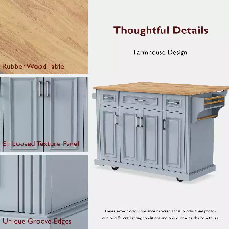 Carrello da cucina con isola pieghevole grigio+blu/bianco con 4 ruote, 3 cassetti e 2 ante