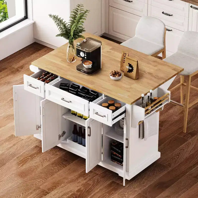 Carrello da cucina con isola pieghevole grigio+blu/bianco con 4 ruote, 3 cassetti e 2 ante