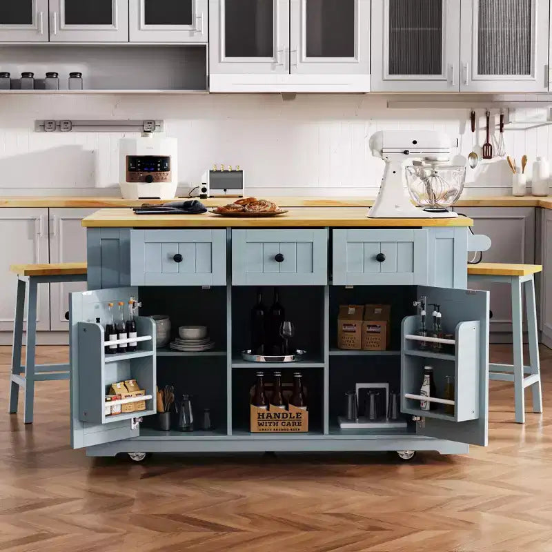 Carrello da Cucina/Isola Rotante Nero/Grigio-Blu/Bianco con Anta a Ribalta, Presa di Corrente e 5 Ruote, Montaggio da 1 Persona