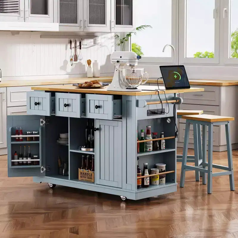 Carrello da Cucina/Isola Rotante Nero/Grigio-Blu/Bianco con Anta a Ribalta, Presa di Corrente e 5 Ruote, Montaggio da 1 Persona