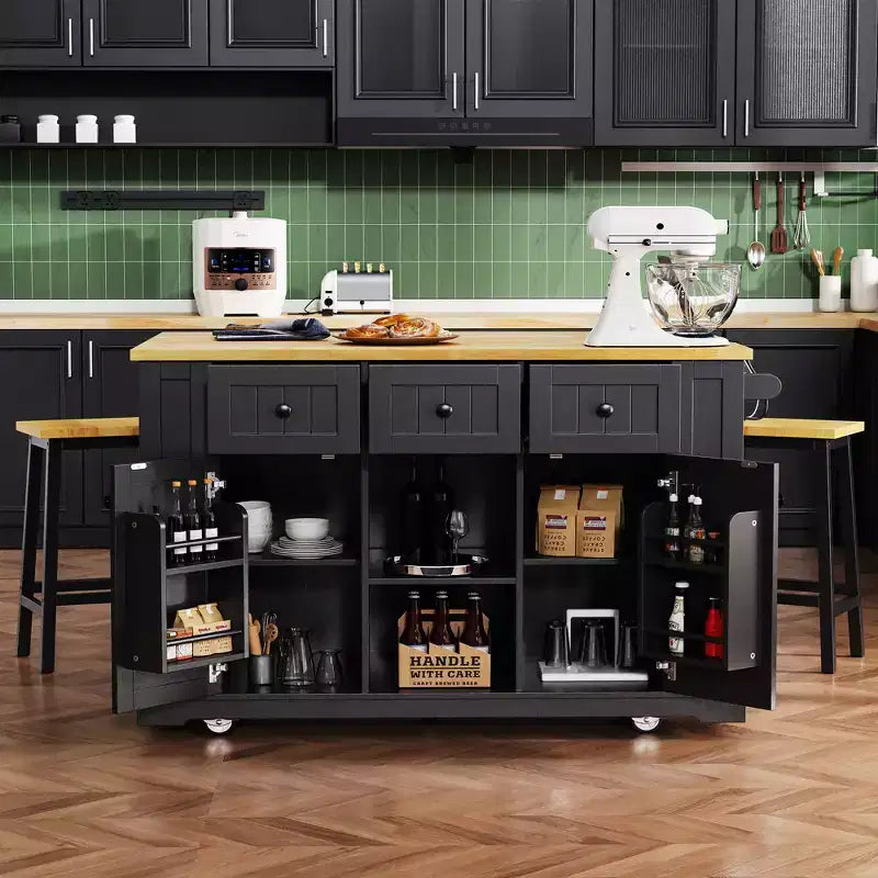Carrello da Cucina/Isola Rotante Nero/Grigio-Blu/Bianco con Anta a Ribalta, Presa di Corrente e 5 Ruote, Montaggio da 1 Persona