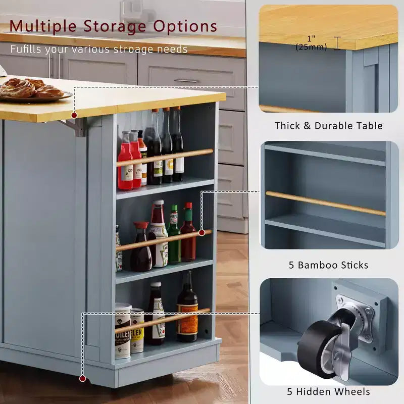 Carrello da Cucina/Isola Rotante Nero/Grigio-Blu/Bianco con Anta a Ribalta, Presa di Corrente e 5 Ruote, Montaggio da 1 Persona