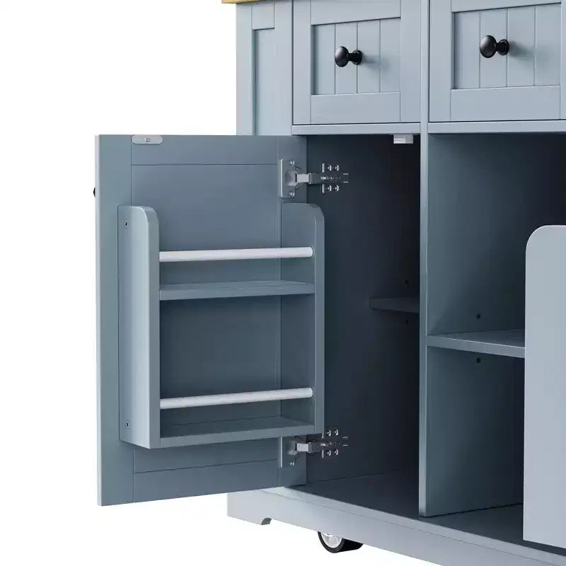 Carrello da Cucina/Isola Rotante Nero/Grigio-Blu/Bianco con Anta a Ribalta, Presa di Corrente e 5 Ruote, Montaggio da 1 Persona