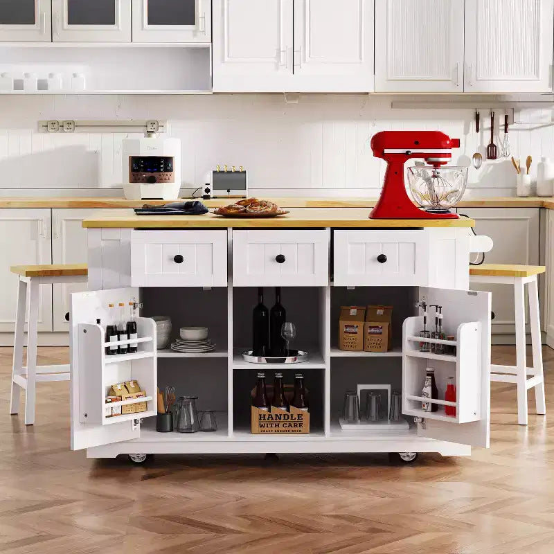 Carrello da Cucina/Isola Rotante Nero/Grigio-Blu/Bianco con Anta a Ribalta, Presa di Corrente e 5 Ruote, Montaggio da 1 Persona