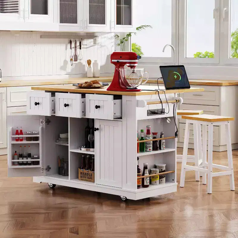 Carrello da Cucina/Isola Rotante Nero/Grigio-Blu/Bianco con Anta a Ribalta, Presa di Corrente e 5 Ruote, Montaggio da 1 Persona