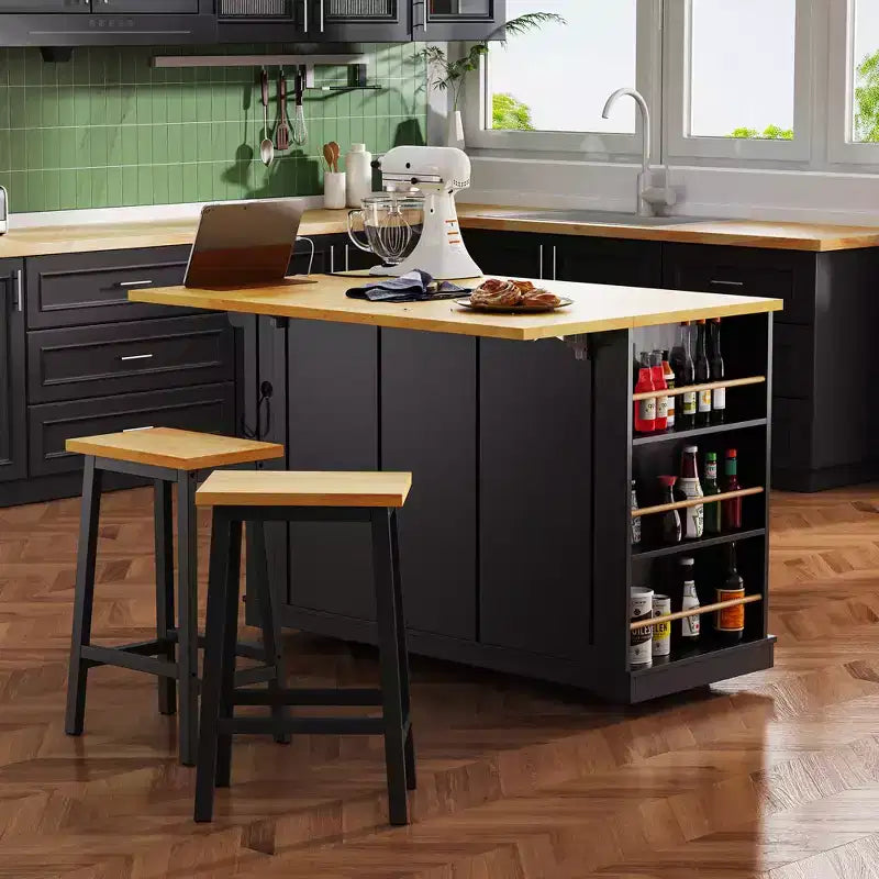 Carrello da Cucina/Isola Rotante Nero/Grigio-Blu/Bianco con Anta a Ribalta, Presa di Corrente e 5 Ruote, Montaggio da 1 Persona