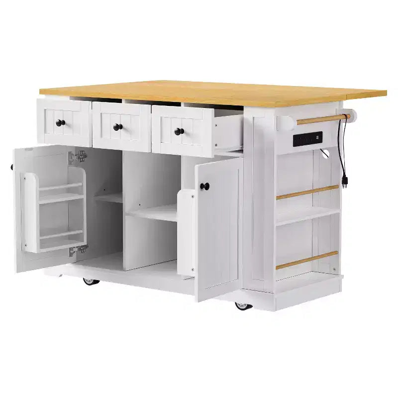 Carrello da Cucina/Isola Rotante Nero/Grigio-Blu/Bianco con Anta a Ribalta, Presa di Corrente e 5 Ruote, Montaggio da 1 Persona